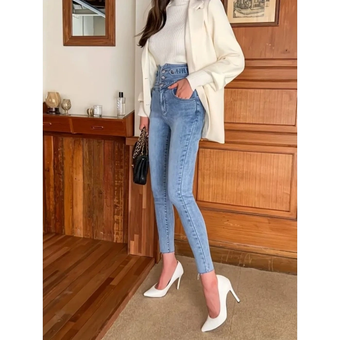 Kadın Yüksek Bel önden Düğmeli Cepli Dar Kesim Detaylı Kot Pantolon