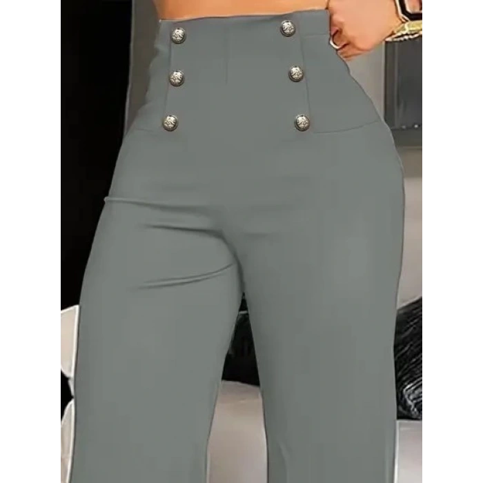 Kadın Yüksek Bel önden Düğmeli Uzun Paçaya Doğru Geniş Ithal Krep Pantolon