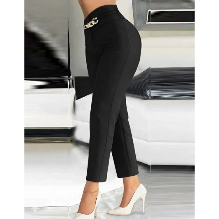 Kadın Yüksek Bel önden Zincir Detaylı Ithal Krep Pantolon