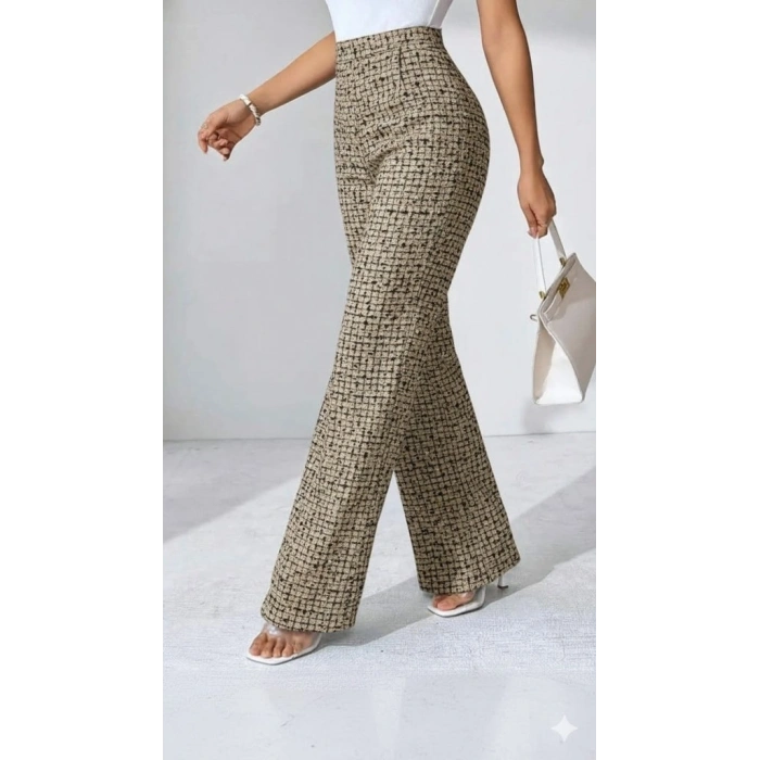 Kadın Yüksek Bel Paçaya Doğru Geniş Dokuma Pantolon