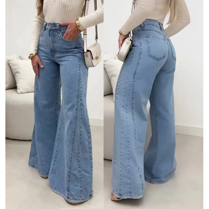 Kadın Yüksek Bel Paçaya Doğru Geniş Kesimli Kot Pantolon