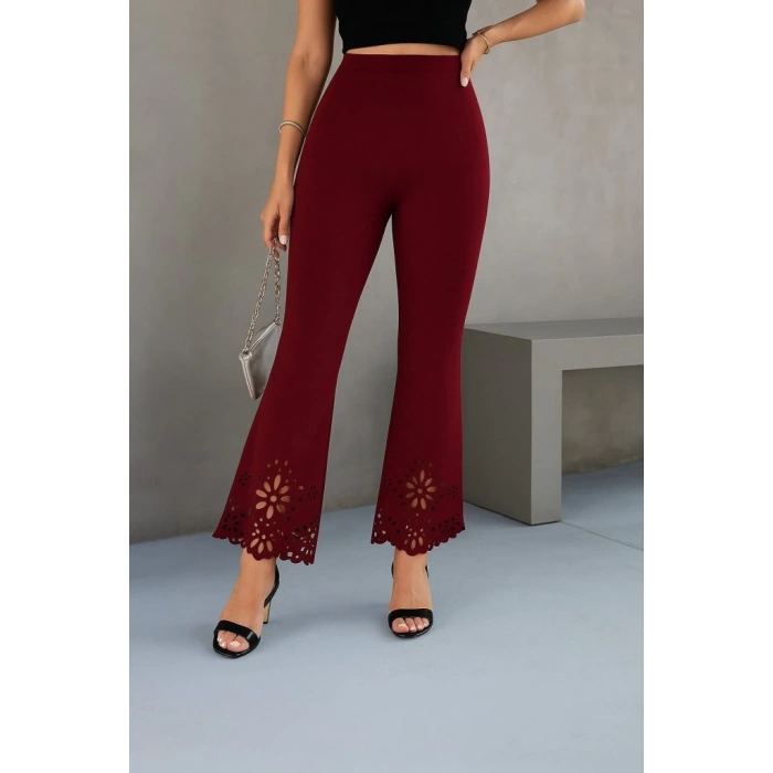 Kadın Yüksek Bel Paçaya Doğru Genişleyen Lazer çiçek Kesim Detaylı Ithal Krep Pantolon