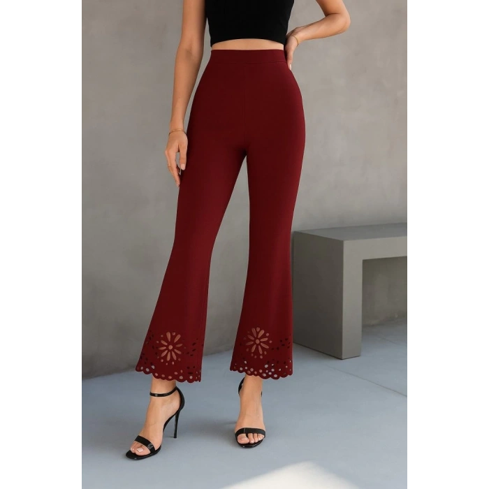 Kadın Yüksek Bel Paçaya Doğru Genişleyen Lazer çiçek Kesim Detaylı Ithal Krep Pantolon