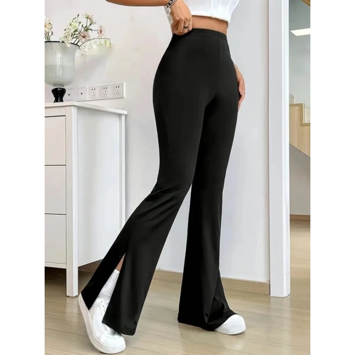 Kadın Yüksek Bel Paçaya Doğru Genişleyen Yandan Yırtmaçlı Dalgıç Pantolon