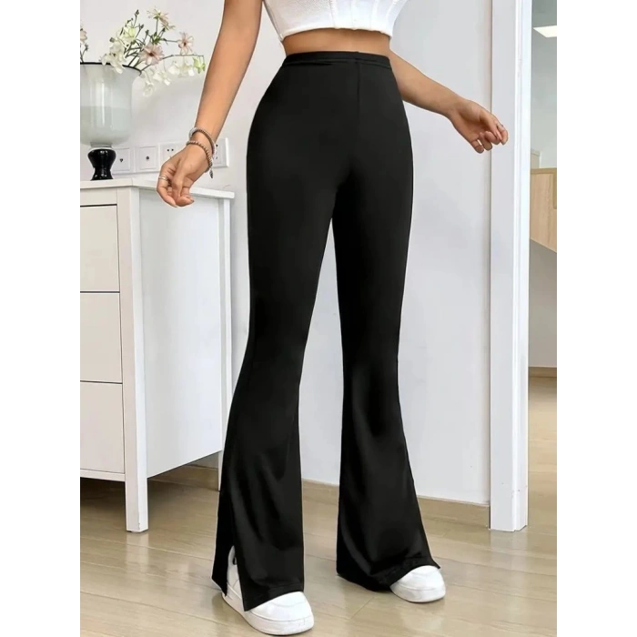 Kadın Yüksek Bel Paçaya Doğru Genişleyen Yandan Yırtmaçlı Dalgıç Pantolon