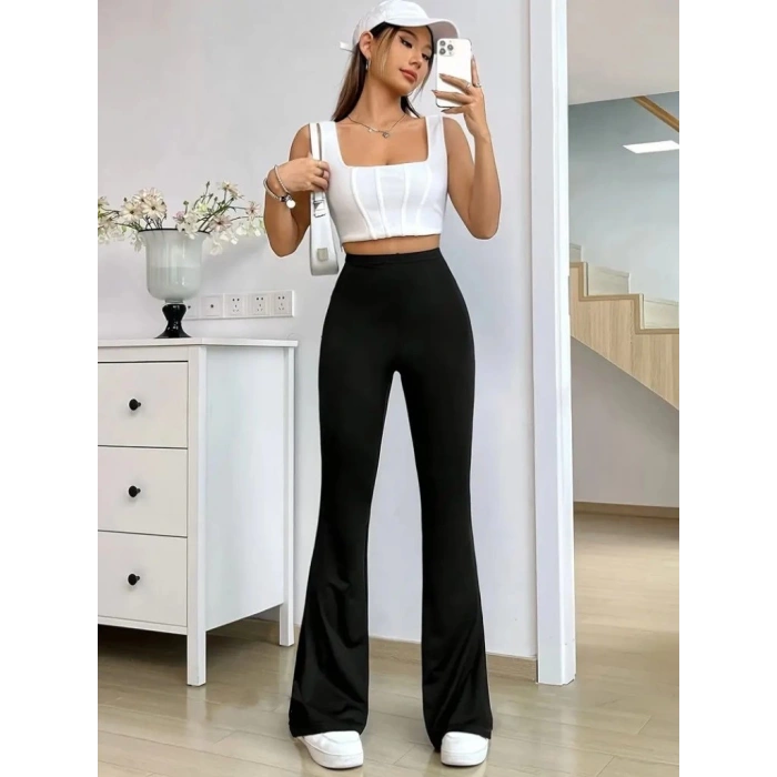 Kadın Yüksek Bel Paçaya Doğru Genişleyen Yandan Yırtmaçlı Dalgıç Pantolon