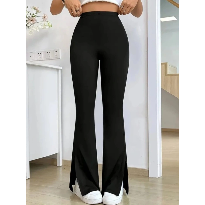 Kadın Yüksek Bel Paçaya Doğru Genişleyen Yandan Yırtmaçlı Dalgıç Pantolon