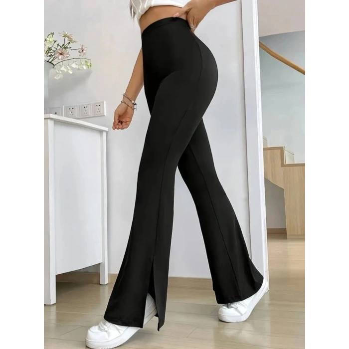 Kadın Yüksek Bel Paçaya Doğru Genişleyen Yandan Yırtmaçlı Dalgıç Pantolon