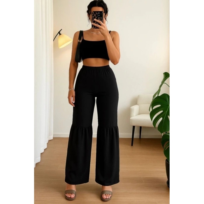 Kadın Yüksek Bel Parça Detay Bol Paça Pantolon