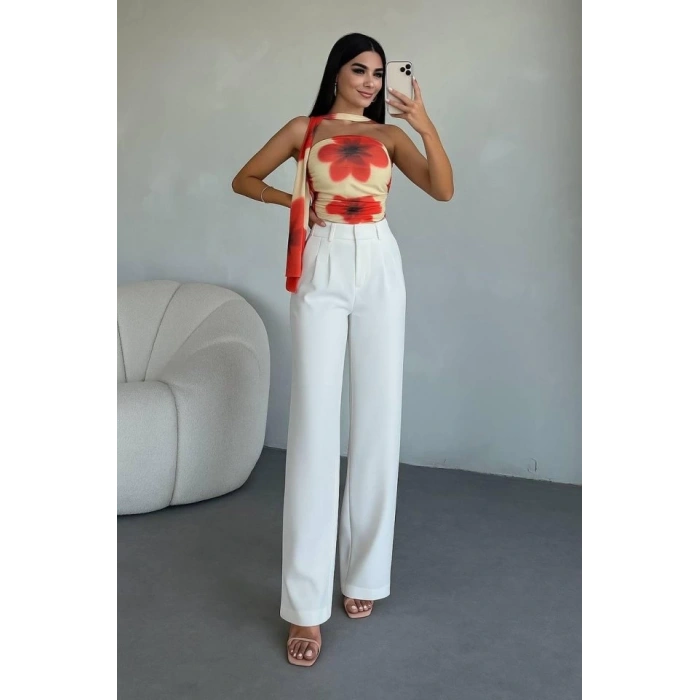 Kadın Yüksek Bel Plise Detay Bol Paça Pantolon