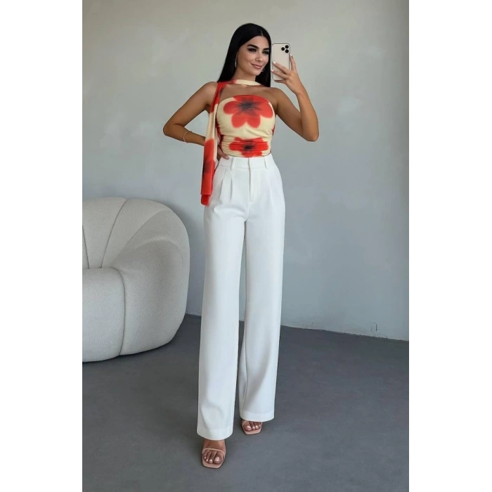 Kadın Yüksek Bel Plise Detay Bol Paça Pantolon