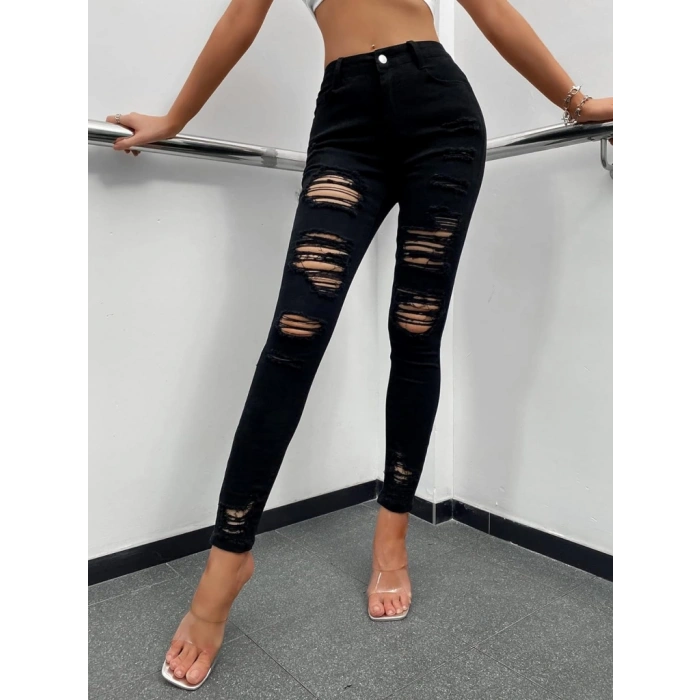 Kadın Yüksek Bel Slim Fit Lazer Kesim Yırtık Pantolon