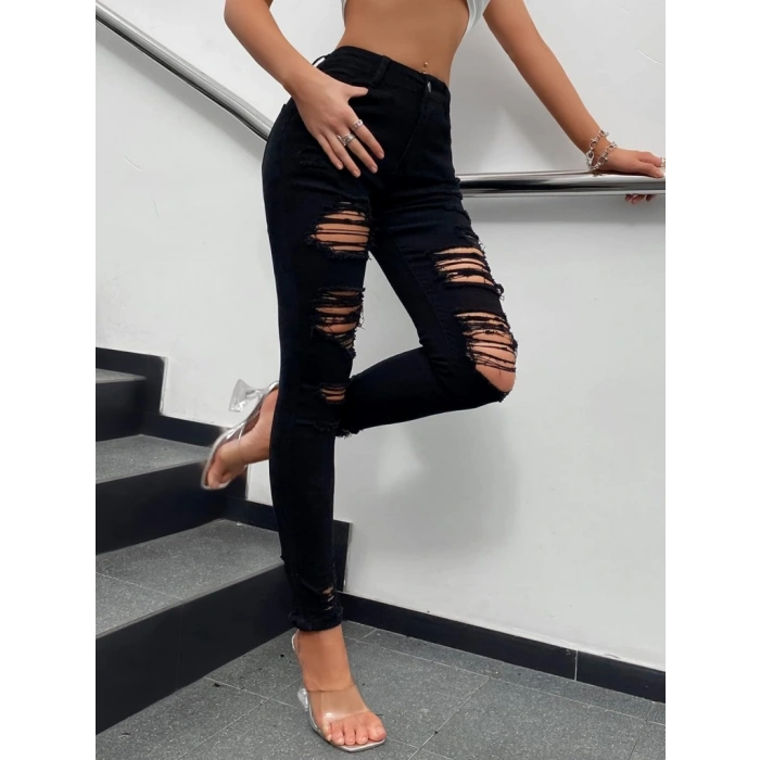Kadın Yüksek Bel Slim Fit Lazer Kesim Yırtık Pantolon