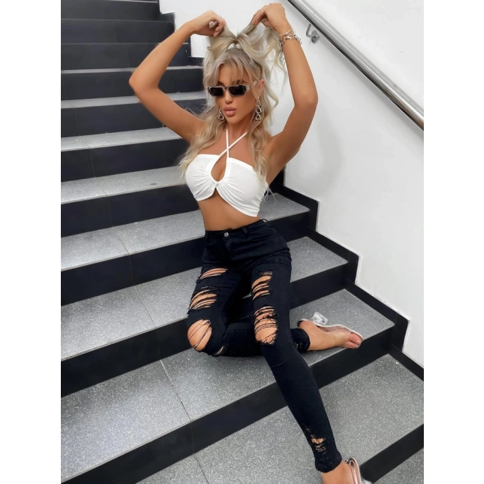 Kadın Yüksek Bel Slim Fit Lazer Kesim Yırtık Pantolon