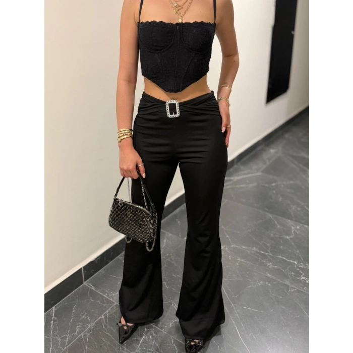 Kadın Yüksek Bel Tokalı Ispanyol Paçalı Dalgıç Pantolon