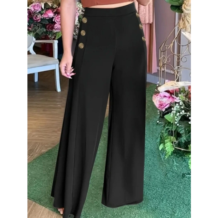 Kadın Yüksek Bel Yan Düğme Detaylı Geniş Paçalı Ithal Krep Pantolon