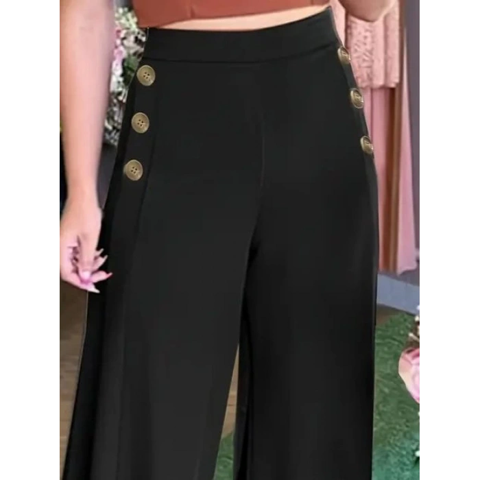 Kadın Yüksek Bel Yan Düğme Detaylı Geniş Paçalı Ithal Krep Pantolon