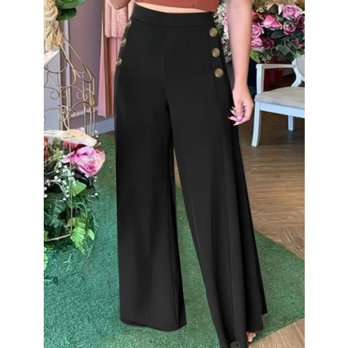 Kadın Yüksek Bel Yan Düğme Detaylı Geniş Paçalı Ithal Krep Pantolon