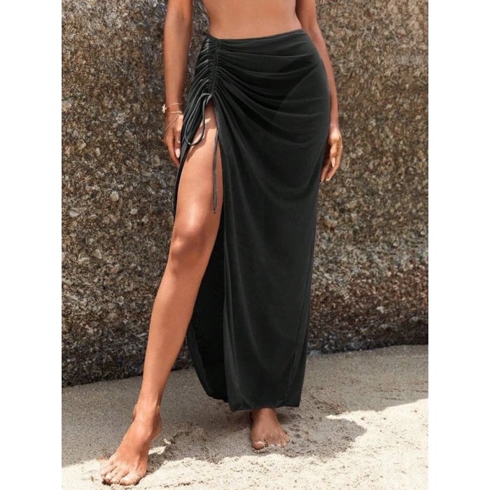 Kadın Yüksek Bel Yandan Büzgülü Uzun Tül Detaylı Pareo