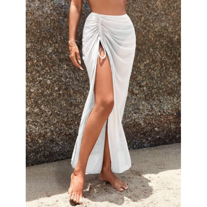 Kadın Yüksek Bel Yandan Büzgülü Uzun Tül Detaylı Pareo