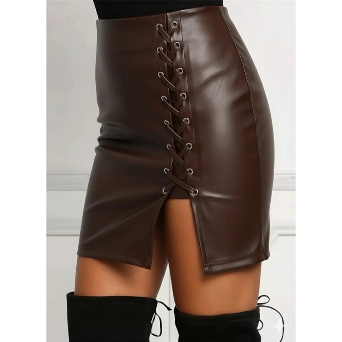 Kadın Yüksek Bel Yandan çapraz Bağcıklı Yırtmaçlı Mini Deri Etek