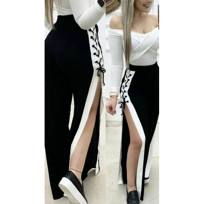 Kadın Yüksek Bel Yandan çapraz Bağcıklı Yırtmaçlı Viskon Iki Iplik Pantolon