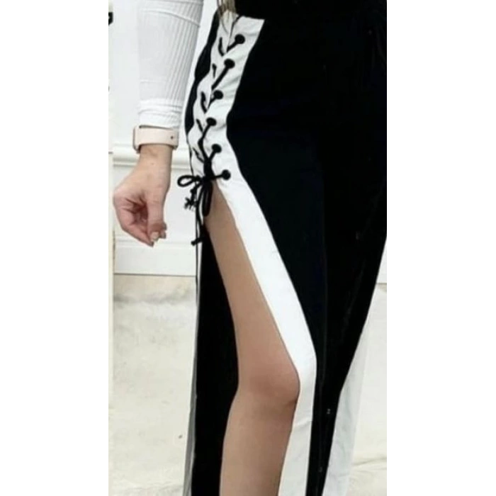 Kadın Yüksek Bel Yandan çapraz Bağcıklı Yırtmaçlı Viskon Iki Iplik Pantolon