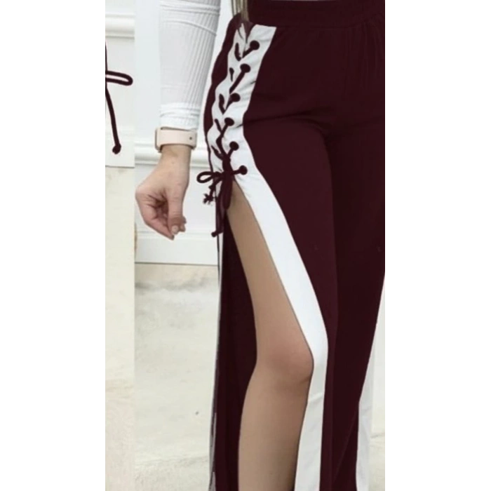 Kadın Yüksek Bel Yandan çapraz Bağcıklı Yırtmaçlı Viskon Iki Iplik Pantolon