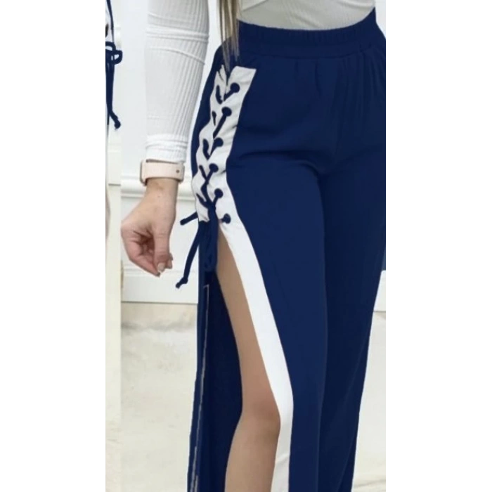 Kadın Yüksek Bel Yandan çapraz Bağcıklı Yırtmaçlı Viskon Iki Iplik Pantolon