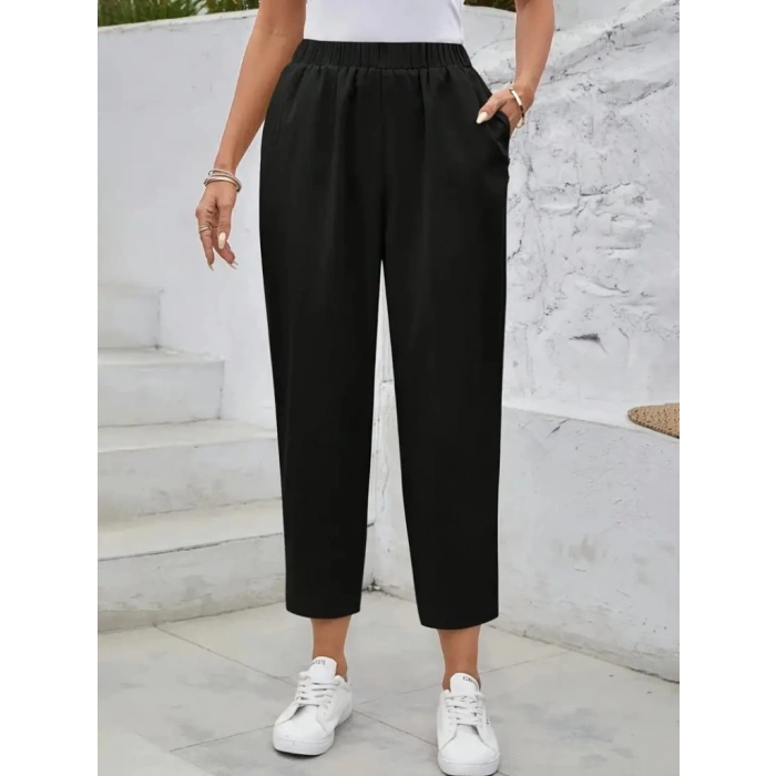 Kadın Yüksek Bel Yandan Cepli Düğme Detaylı Geniş Kesim Ithal Krep Pantolon