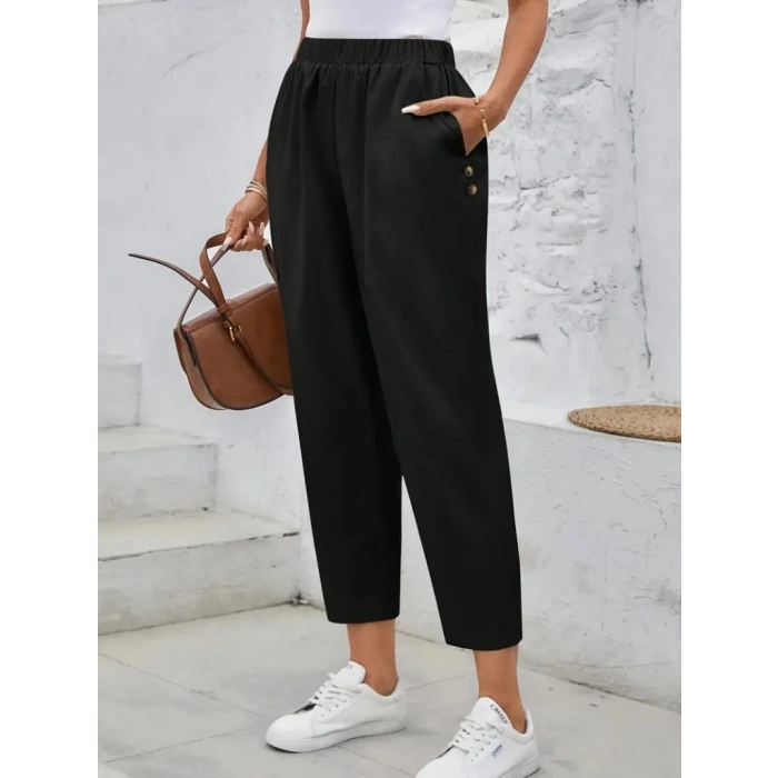 Kadın Yüksek Bel Yandan Cepli Düğme Detaylı Geniş Kesim Ithal Krep Pantolon