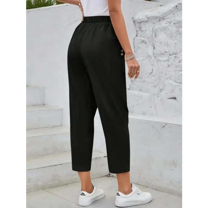 Kadın Yüksek Bel Yandan Cepli Düğme Detaylı Geniş Kesim Ithal Krep Pantolon