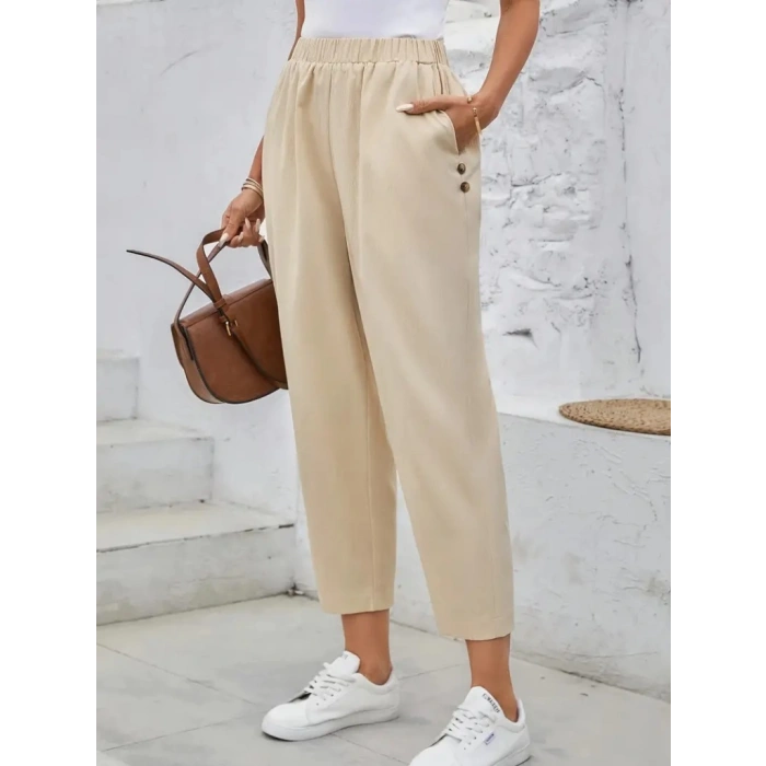 Kadın Yüksek Bel Yandan Cepli Düğme Detaylı Geniş Kesim Ithal Krep Pantolon