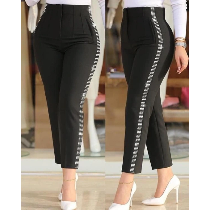 Kadın Yüksek Bel Yanlardan Taş Detaylı Ithal Krep Pantolon