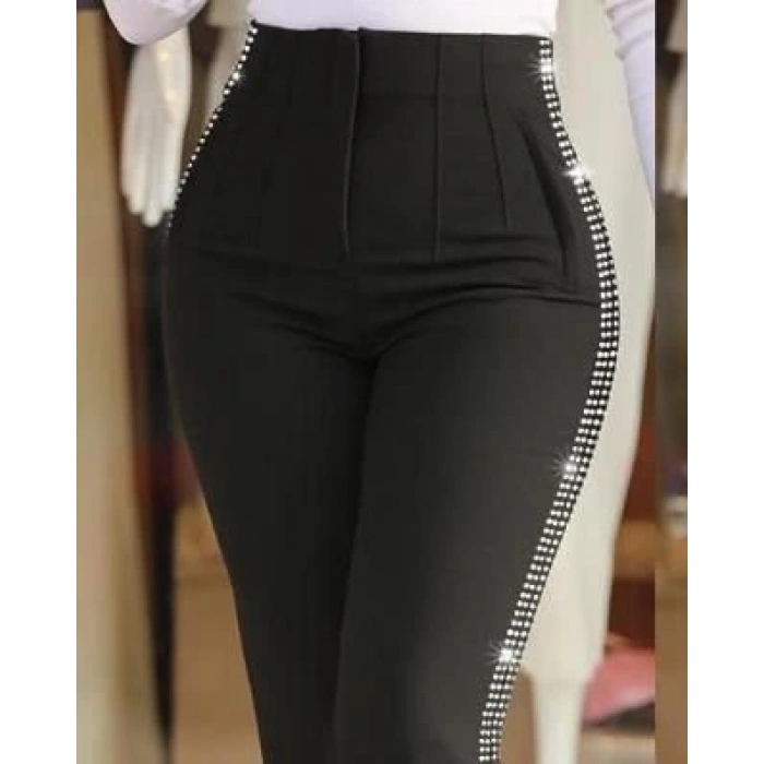 Kadın Yüksek Bel Yanlardan Taş Detaylı Ithal Krep Pantolon