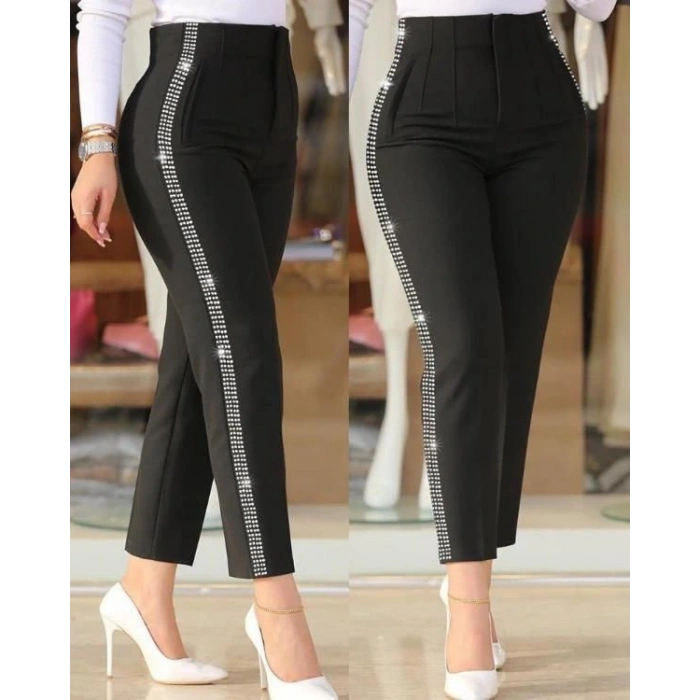 Kadın Yüksek Bel Yanlardan Taş Detaylı Ithal Krep Pantolon