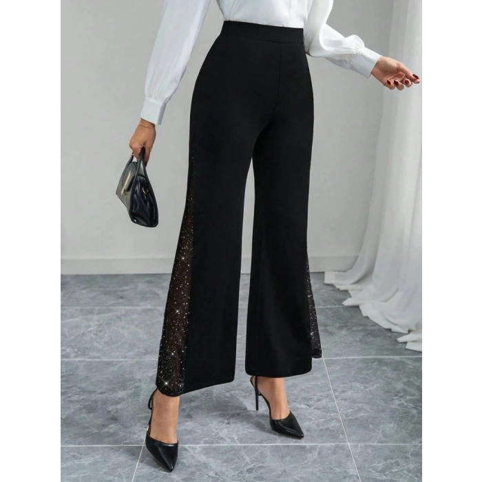 Kadın Yüksek Bel Yanlardan Tül Detaylı Ithal Krep Pantolon