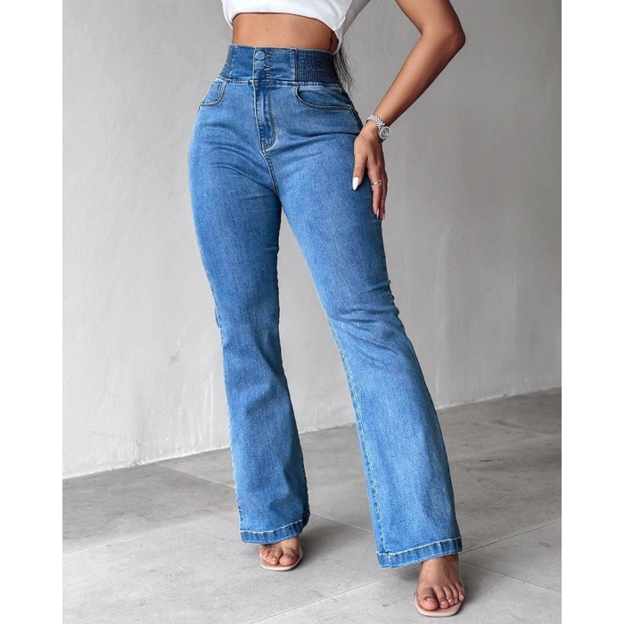 Kadın Yüksek Bel Yanları Lastik önü Düğmeli Kot Pantolon