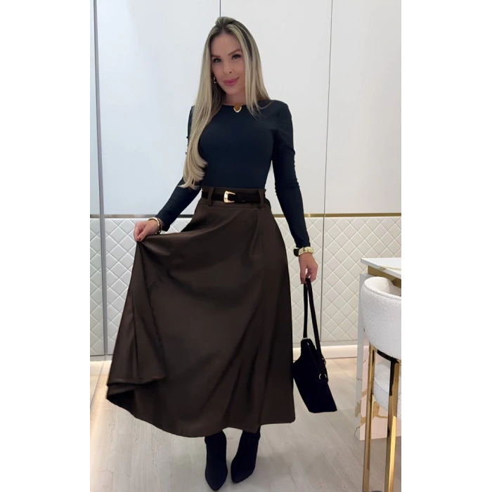 Kadın Yüksek Belli Maxi Deri Kemersiz Etek