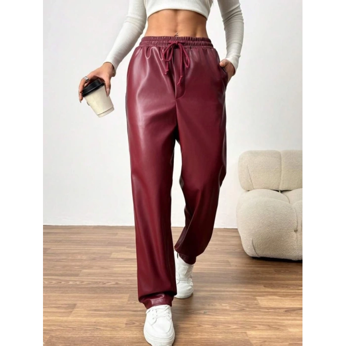 Kadın Yüksel Bel Bağcıklı Deri Pantolon