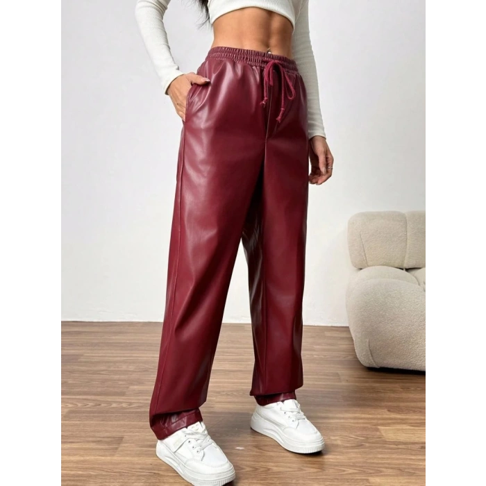 Kadın Yüksel Bel Bağcıklı Deri Pantolon