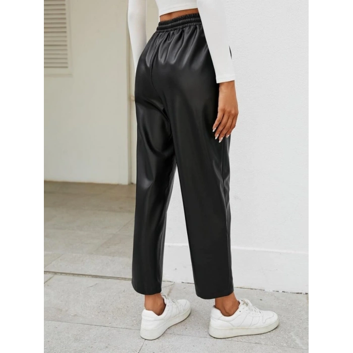 Kadın Yüksel Bel Bağcıklı Deri Pantolon