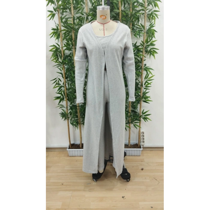 Kadın Yuvarlak Yaka Askılı Krop Bluz Yüksek Bel Tayt Ve Uzun Hırka şardonlu Kaşkorse üçlü Takım