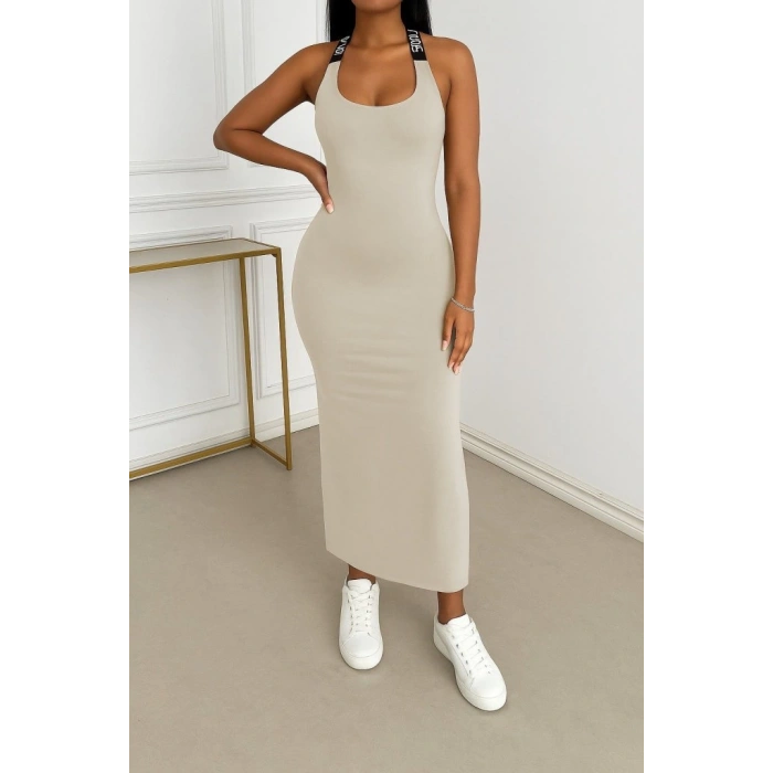 Kadın Yuvarlak Yaka Sırttan çapraz şerit Love Detaylı Yırtmaçlı Viskon Elbise