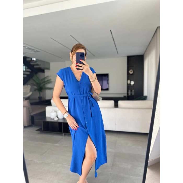 Kadınn V Yaka Düğme Detay Kuşak Dahil Elbise