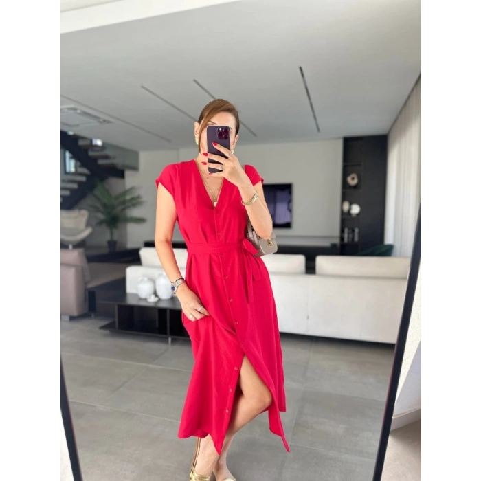 Kadınn V Yaka Düğme Detay Kuşak Dahil Elbise