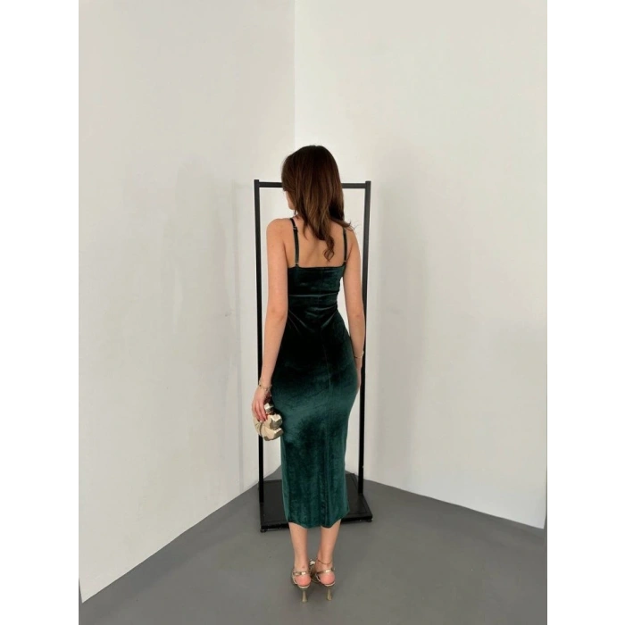 Kadınomuz Askılı Sırt Dekolteli Yırtmaç Detay Midi Boy Elbise Yırtmaç Detay Midi Boy Elbise