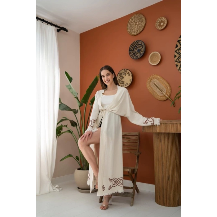 Kahverengi Baskı Detay Keten Hırka