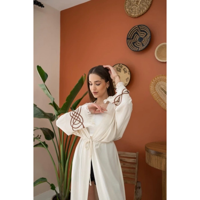 Kahverengi Baskı Detay Keten Hırka