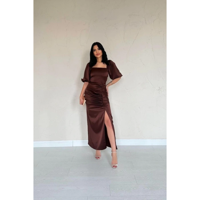 Kahverengi Büzgülü Saten Elbise